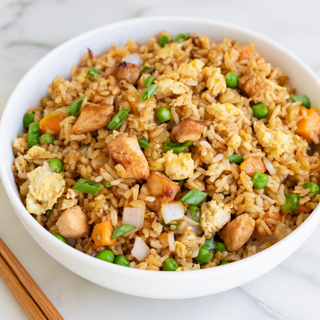 Finished healthy Chinese chicken fried rice topped with sliced green onions in a skillet.