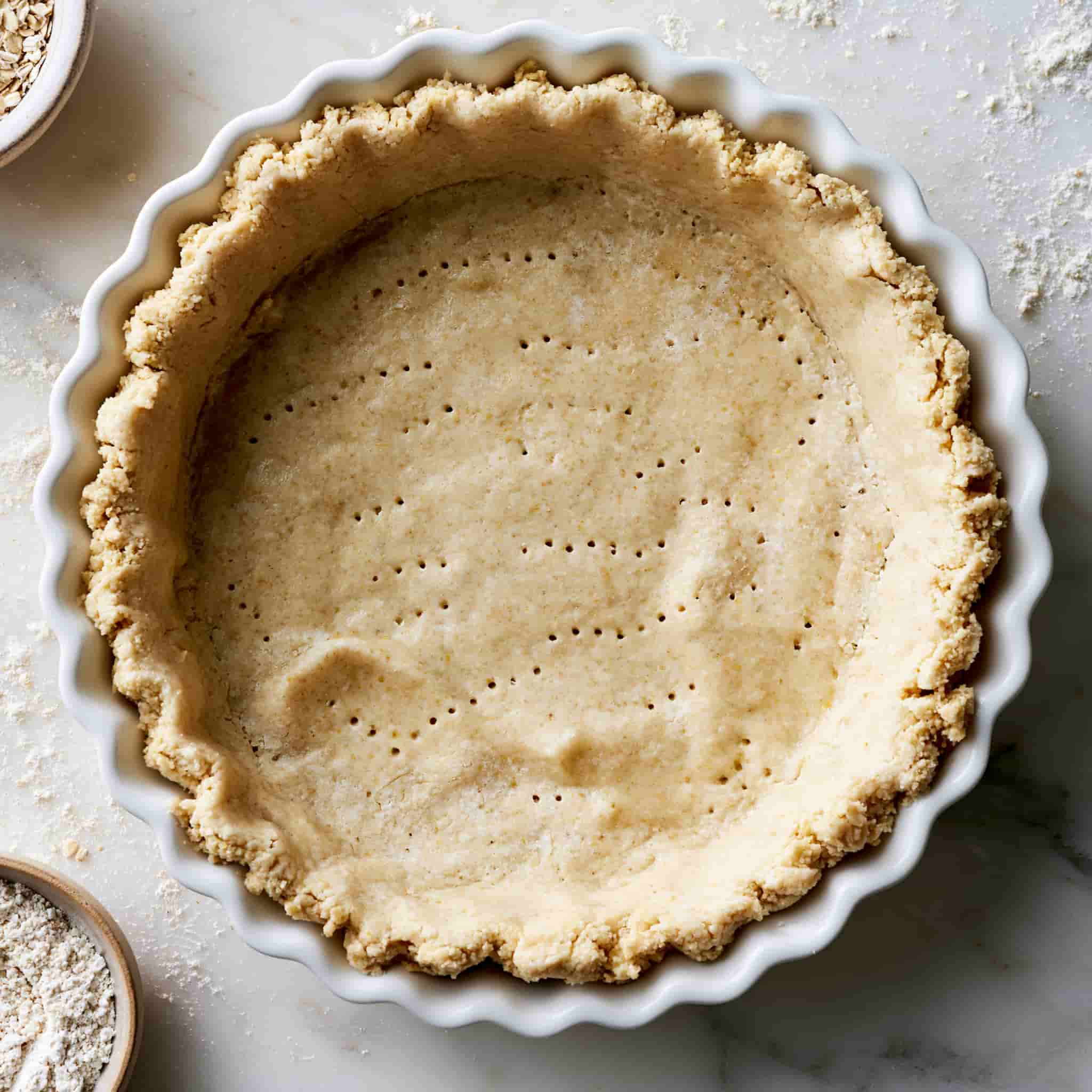 Oat flour pie crust pressed into a pie dish before baking for healthy rhubarb protein pie.