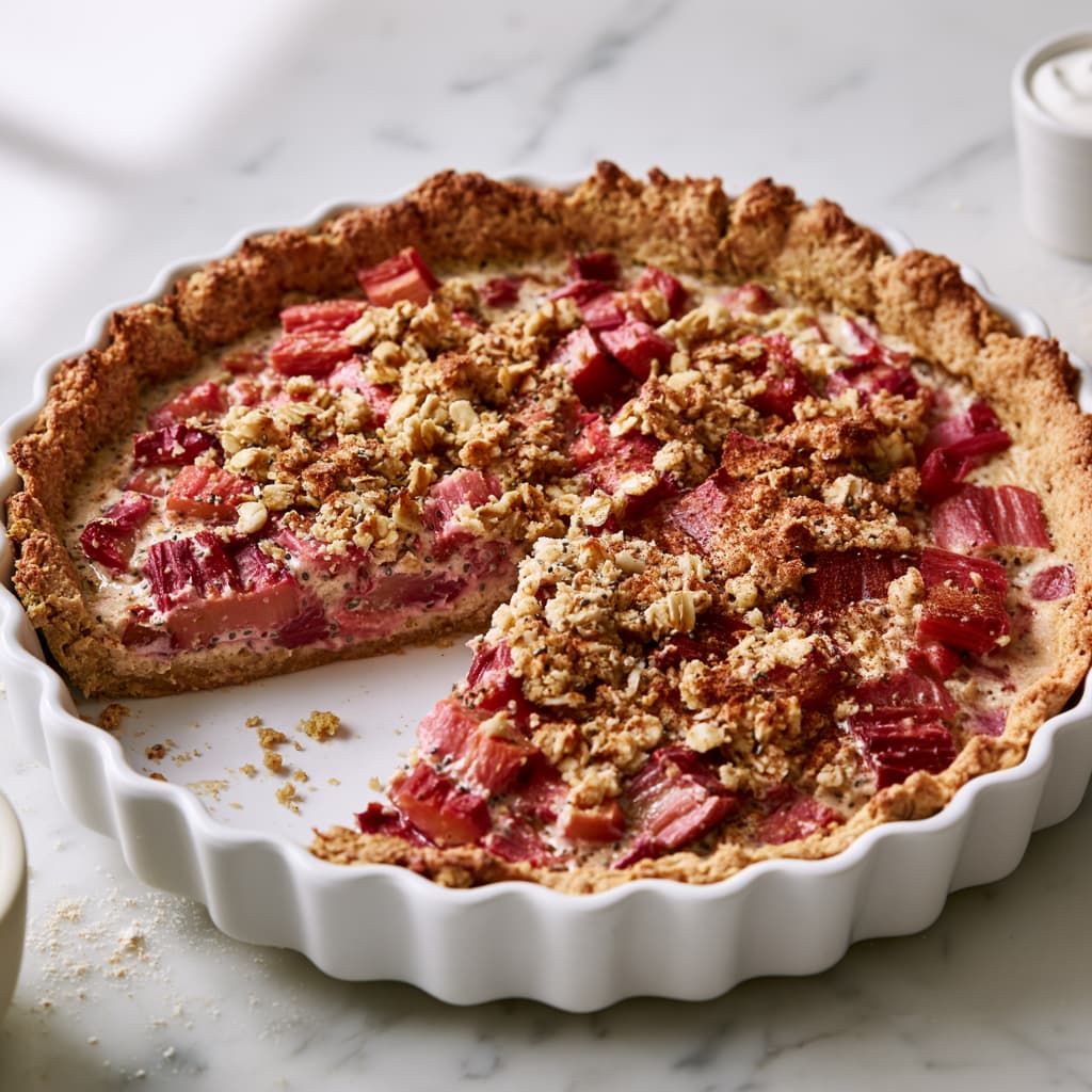 Freshly baked healthy rhubarb protein pie cooling after baking.