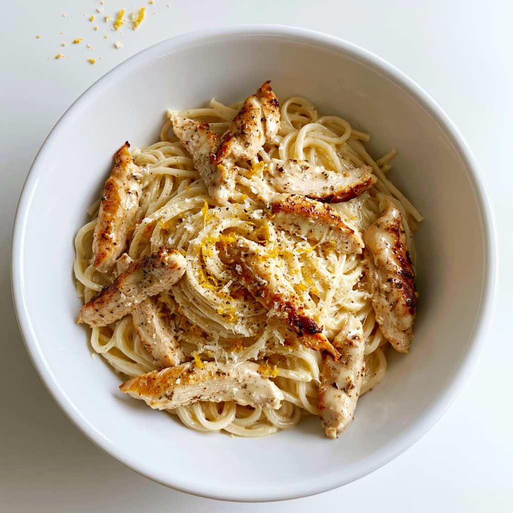 A bowl of creamy pasta with sliced chicken and a light topping ready to serve