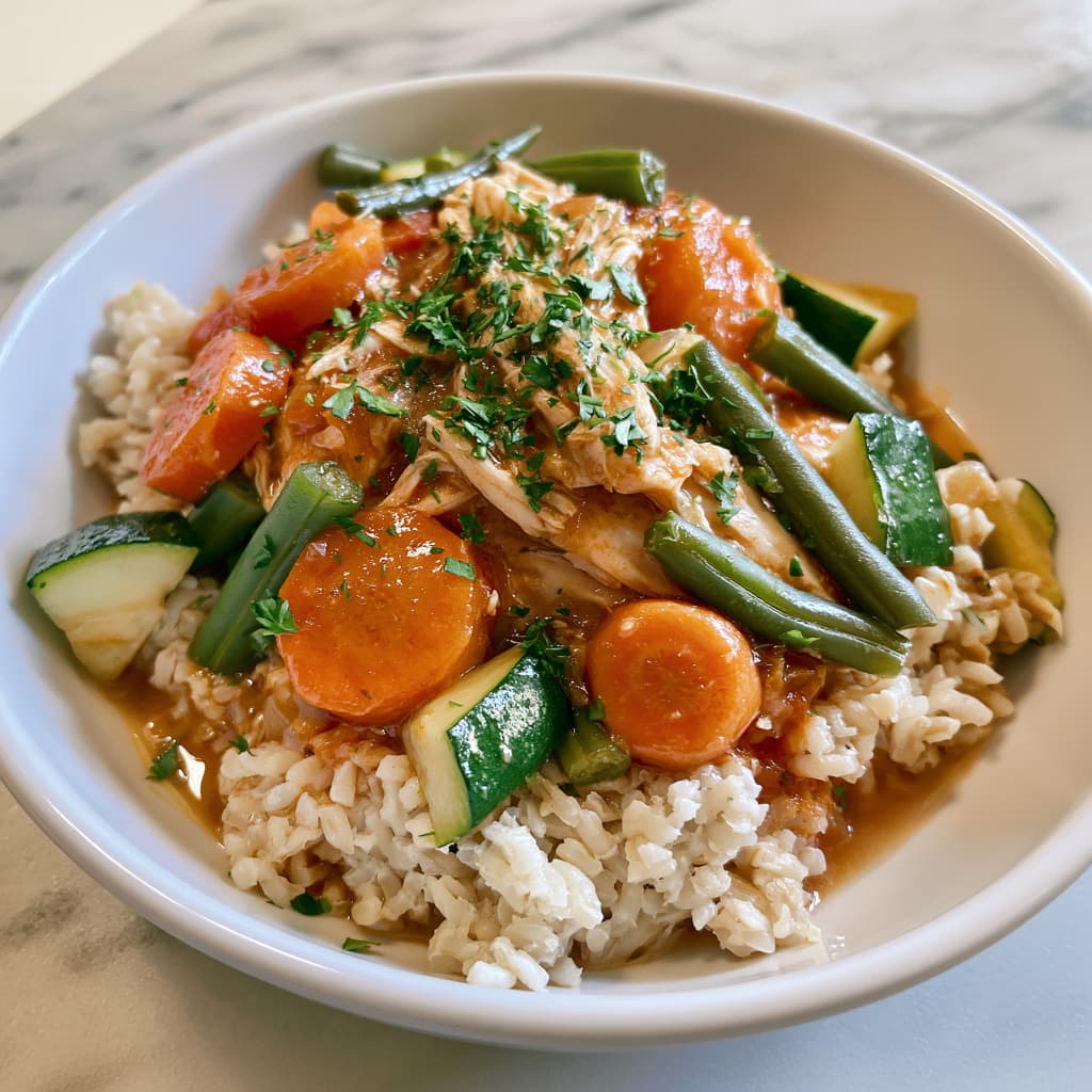 crockpot chicken with vegetables served over brown rice in a white bowl